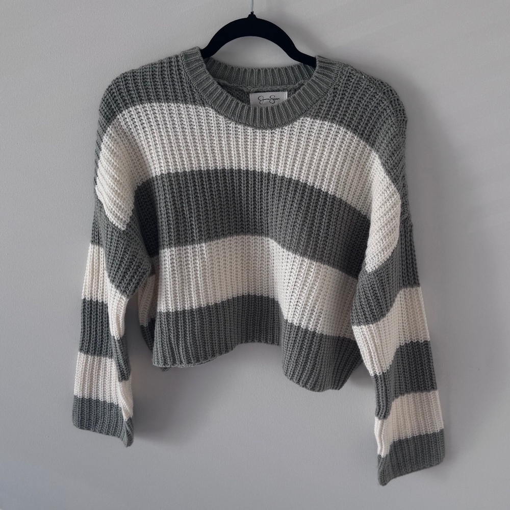 Jessica Simpson Green & White Striped Cropped Knit Sweater
